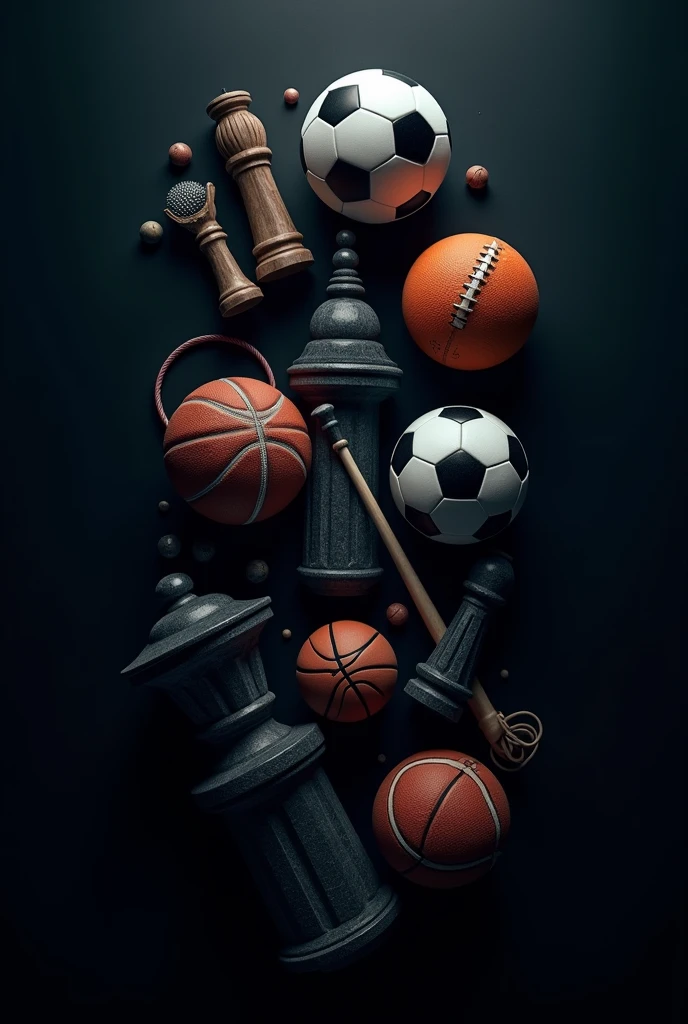 Create a wallpaper in black theme, containing cricket, football, basketball, swimming and chess