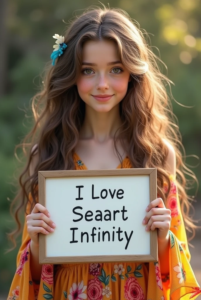 Beautiful girl with wavy long hair, bohemian dress, holding a white board with text "I Love Seaart Infinity" and showing it to the viewer
