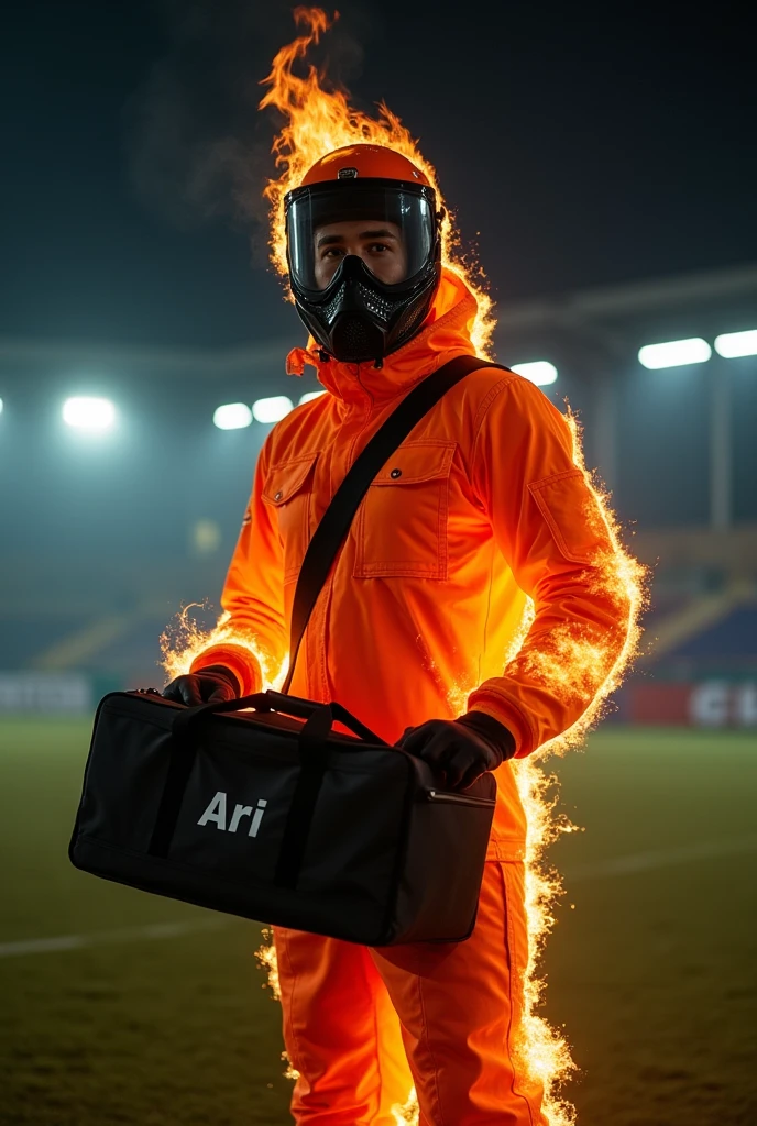 A photo of a man in the Futsal Court Field, he is wearing Fire Protection Suit ,on the head has shield helmet to cover his face, he hold a black bag case ,
The Black case has Word "Ari" on it ,he has heavy Flam fire on body, night time, cinematic light colors, backlit, look at camera,Realistic photo