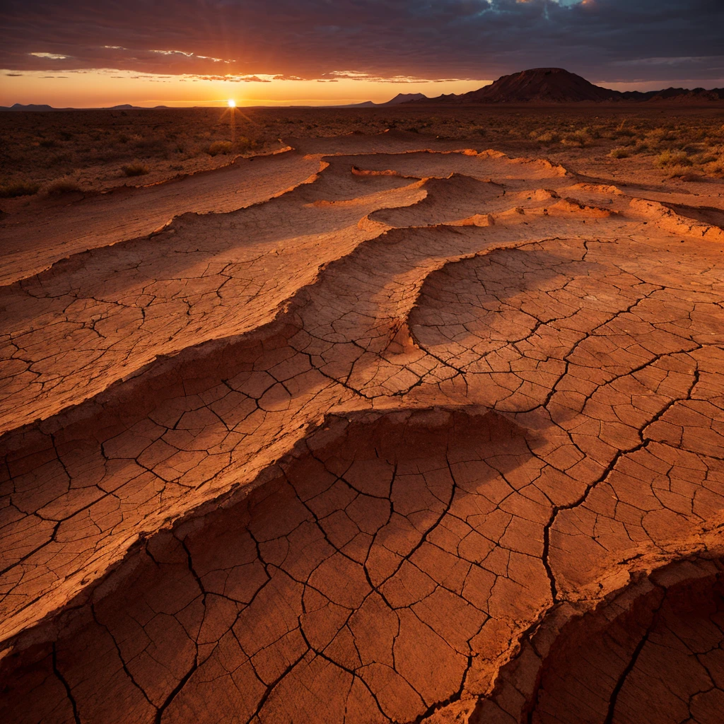Dramatic sunset over cracked earth. Desert landscape background.