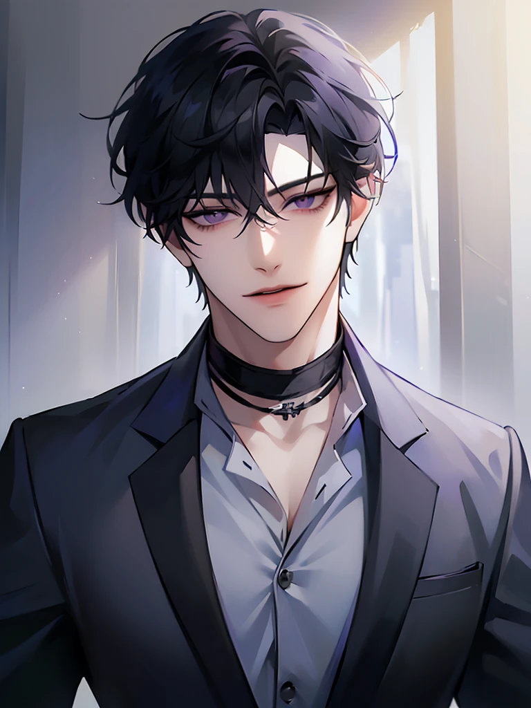 (masterpiece, 8k, high quality, best quality:1.6), 1boy, solo, short hair, black hair, asymmetrical fringe, purple eyes, handsome, sharp eyes, (mature male, mature:1.2), male focus, fashionable, tucked in open white collared shirt, gray pants, necklace, close up, smile, long eyelashes, soft shadows, perfect anatomy, hand touching viewer