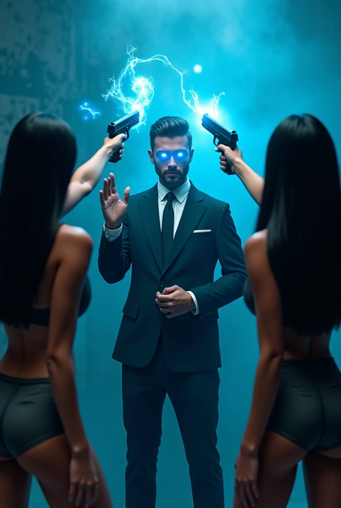 (A ( handsome man , black suit , Magical glowing blue eyes , fighting two beautiful girls
( Girl's are attacking him wearing mini skirt black backless)( they are pointing gun at man head )( they are so beautiful)( black long stylish hair)
( The man is Snap his fingers)