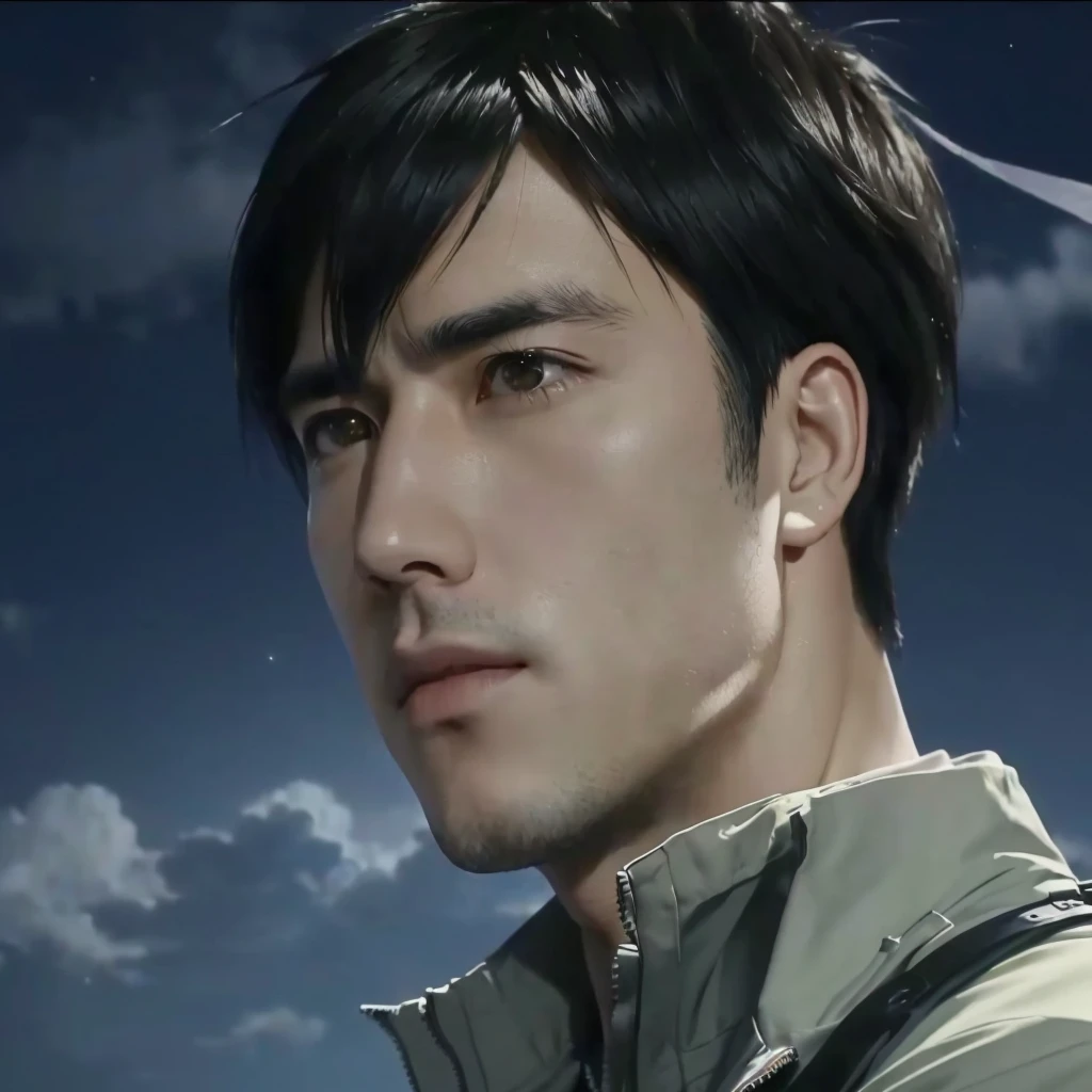 Close-up of a man wearing a jacket looking at something, Attack on Titanより, Attack on Titan, Hajime Isayama's style, Levi Ackerman, shingeki no kyojin, Portrait of Ellen Yeager, (Attack on Titanアニメ), up close shot shinji aramaki, Ellen Yeager, shinji