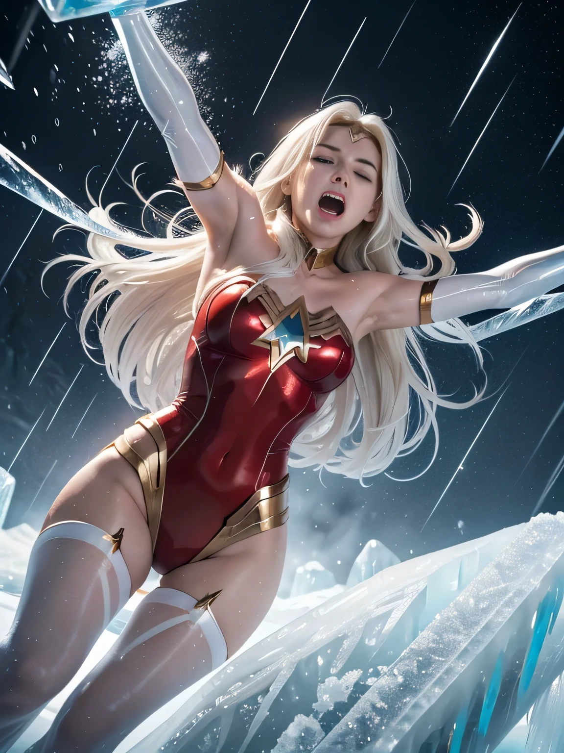 wonderwoman, long long gorgeous shining blonde hair, slender body, latex, leotard, red costume, enveloped cold storm, white cold air, (in frying many ice bullets), trapped in ice, (she is frozen in ice), ice cube is covering her, body frozen, limbs frozen, hair frozen, all over frozen, intense blizzard space distorted, cruelly, (painful), helpless, (screaming in pain), (screaming in ice prison), eyes closed, gritting teeth, suffering, (lying face up), spreading hands, lifting feet off the ground, being blow through the air, ((ice rain hiting her hard)), seen many ice explosion, explosion hitting her, in land of ice