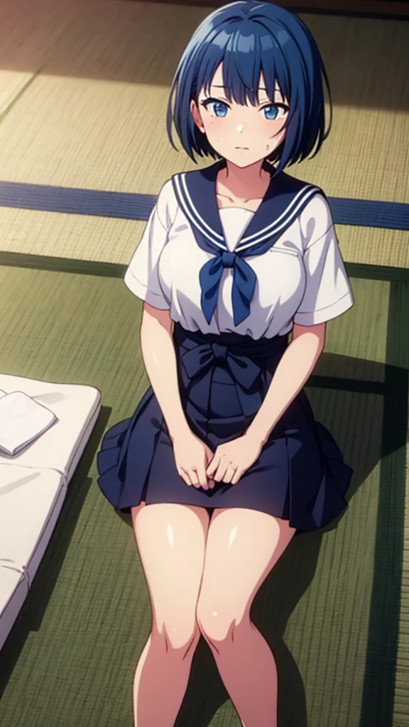 ((masterpiece, Highest quality, Very detailed, Very nice 8K CG wallpaper)), , A little thick, Medium Hair, Blue Hair, short hair, blue eyes,judo player、Sailor style uniforms、Large bust、Sailor suit、mini skirt、judo、Cute expression、Inside the judo Gymnasium、、On the tatami、discovery、One Girl、whole body、rest、Haruka Kiritani、Bust Size C Cup、Sweating