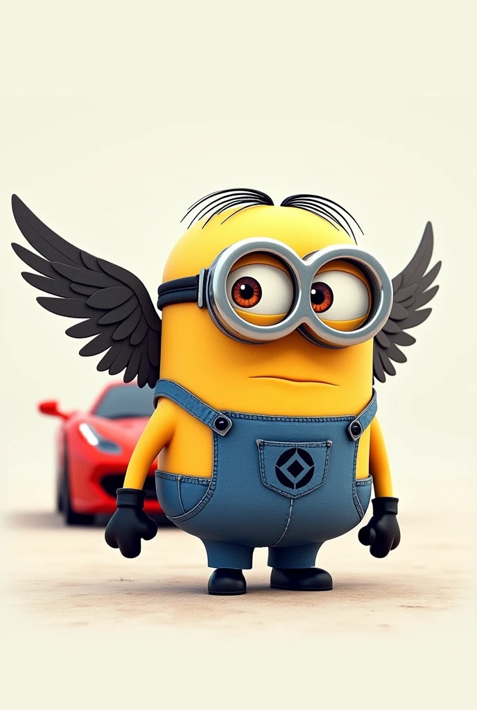 Draw a winged Minion next to a Ferrari 