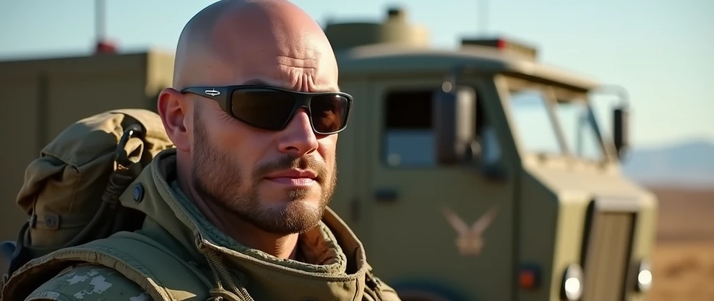 4k ((best quality)), ((masterpiece)), (detailed), hd, realistic face very muscular bald male soldier full body stand by military truck sunglass,
