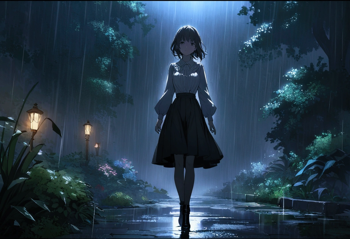 (Highly detailed CG Unity 8k wallpaper), Outdoor Garden,Beautiful young woman in the rain, skirt, walk, full_body, dramatic, バックLight, Light, Volumetric Lighting, Delicate face, Simple Background