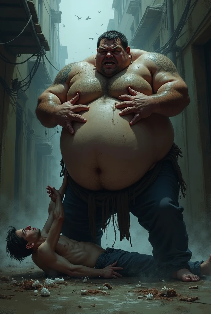 Man gets crushed by a fat guy with a belly