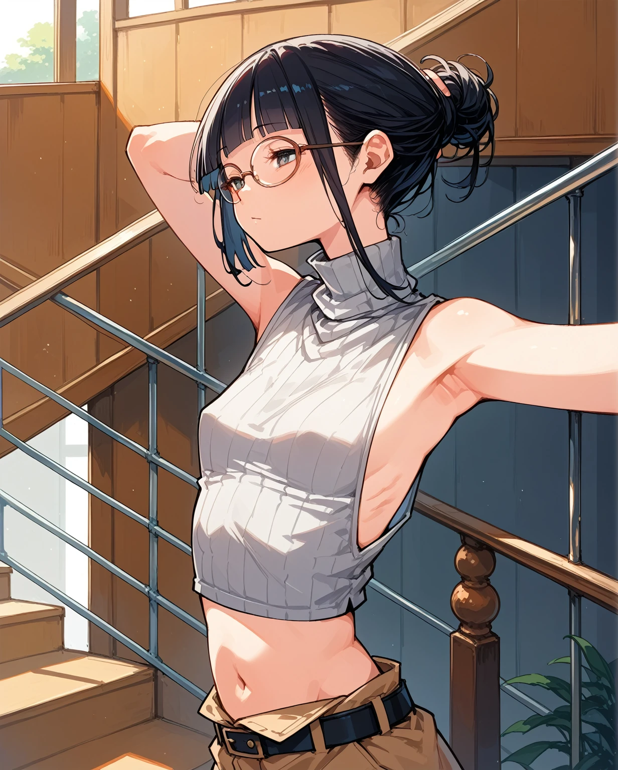 Revealing clothing,Focus on your audience,Naughty,The sides of the upper body are completely exposed,側面が完全に空いているデザインのSleeveless turtleneck,Exposed from the flank to the chest,Protruding ribs,Exposed waistline,Super low rise,Not wearing an inner layer、胸元が開いたデザインのSleeveless turtleneck,Exposed chest、Exposed flanks,sexy,Flat Chest,Focus on your audience,Very thin body,Anime Style,Slim figure,delicate,Glasses,Asian woman wearing a grey top posing on the stairs, Sleeveless turtleneck_Baggy, 脇が完全に開いているSleeveless turtleneck_Relaxed back design,rib cage,Side bust,Shoulders are wide open,sexyなWearing a crop top, Photo of slim girl model, Chiho, T-Top, shikamimi, Wearing a crop top, Real life anime girls, Kurohime cut hair, Chassis, 2 4-year-old female model