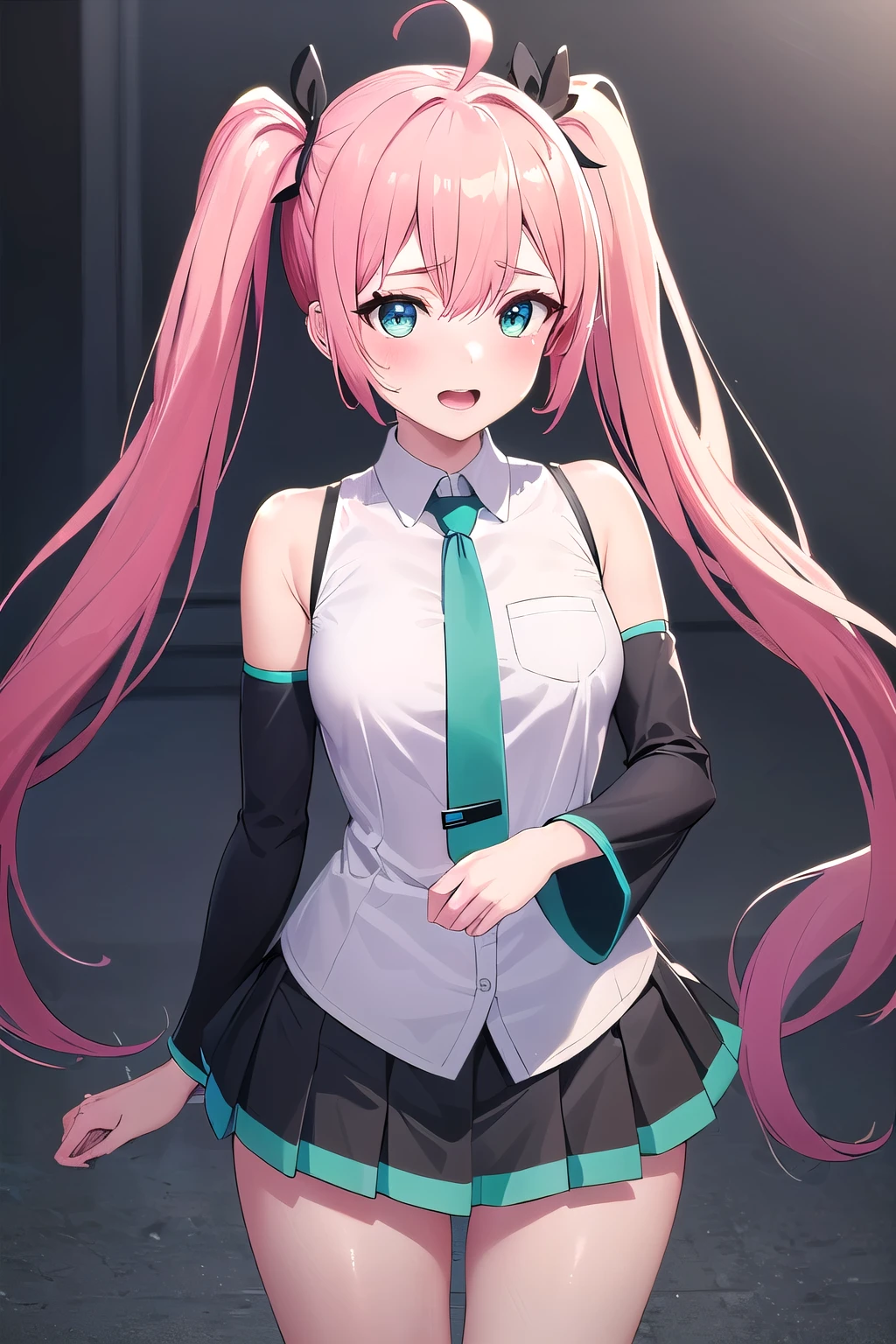 ((masterpiece, sidelighting, finely detailed beautiful eyes: 1.2)), ultra-detailed, ultra high res, professional lighting, high quality makeup, beautiful detailed eyes, sexy, beautiful, big eyes, drooping eye, (girl), (medium breasts:1.2), blush cheek, blush body, moist eyes, Hatsune Miku, pink hair, absurdly long hair, wavy hair, ahoge, twintails, (glossy gray sleeve less shirt, glossy green tie,glossy  black mini skirt:1.1), Extremely cute, (extremely detailed beautiful face), Authentic skin texture, beautiful hair, beautiful face, beautiful eyes, beautiful body, beautiful hands, smile, standing, (sexual aroused:1.2), , open mouth, steam


