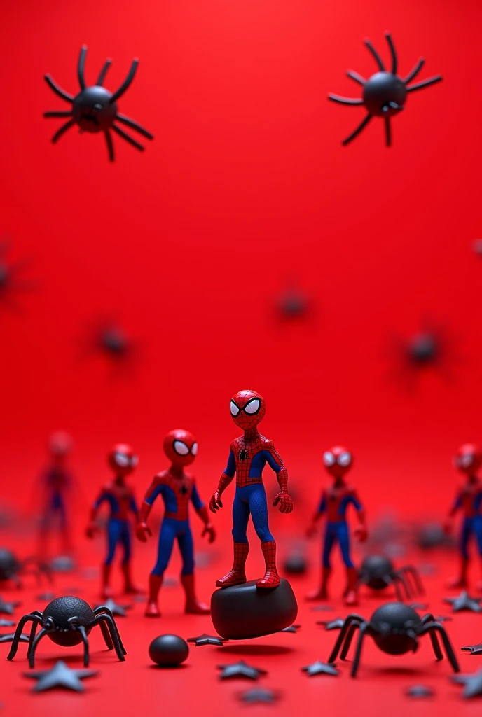 red background with small spiderman 3d figures aesthetic, with spiderman spiders and black stars y2k