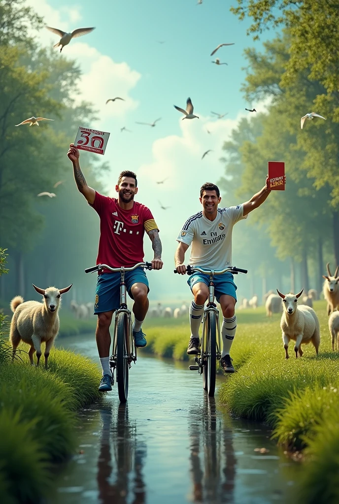 Lionel Messi and Cristiano Ronaldo riding bicycles in a paradise full of goats, waters, etc. but it is noticeable that it is them but Ronaldo with the Real Madrid shirt but the water is a river and they are crossing a river and the goats on the field from a distance are seen with birds etc. but it is seen how they have a save in one hand and in the other they are putting a sign on the road as if for advertising but they look in front of them.