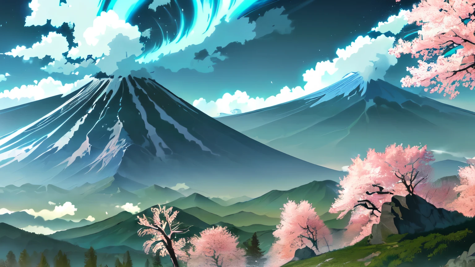 There is a mountain with a tree and a mountain in the background., animated landscape, anime nature, animated landscape wallpaper, anime nature wallpap, anime scenery, beautiful anime scenery, animated background, anime beautiful peace scene, animated background art, anime scene, beautiful anime scene, animated clouds, landscape wallpaper, anime countryside landscape, Mount Fuji background, Animated wallpaper