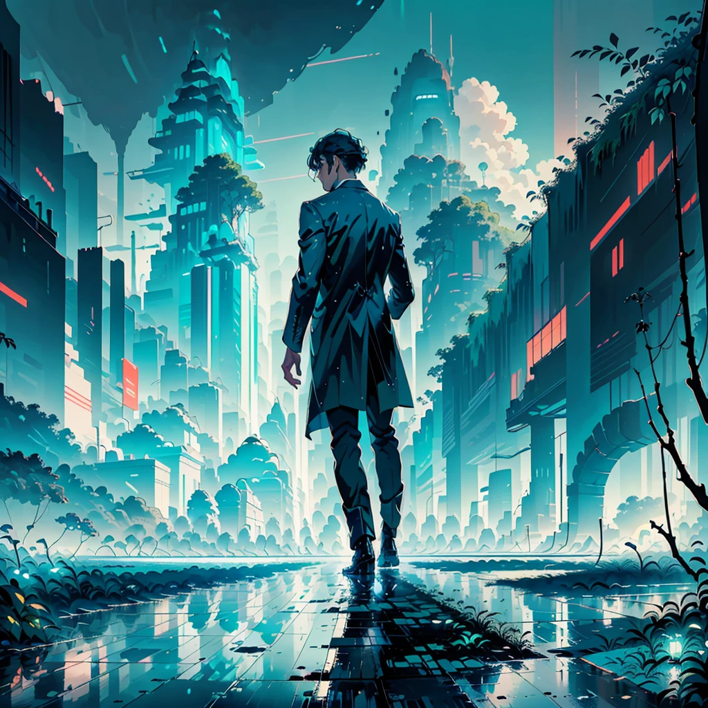 A handsome man walking on a wet surface at a distance with his back turned to the viewer, set against a bright blue beautiful sky. The sky and clouds are reflected on the wet surface. The man is centered with the focus on the expansive and fantastical landscape, reminiscent of a cinematic scene. Bright, and vibrant colors.