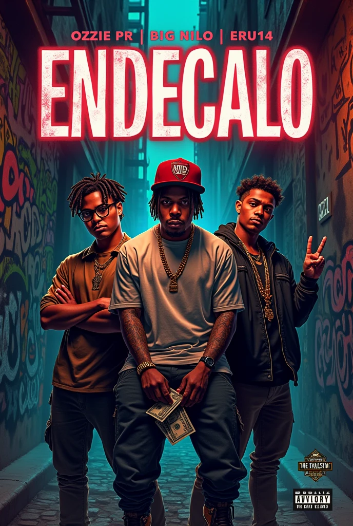 Cover for street music, with the name ENDECALO, and OZZIE PR X BIG NILO X ERU14 that money and drugs can be seen