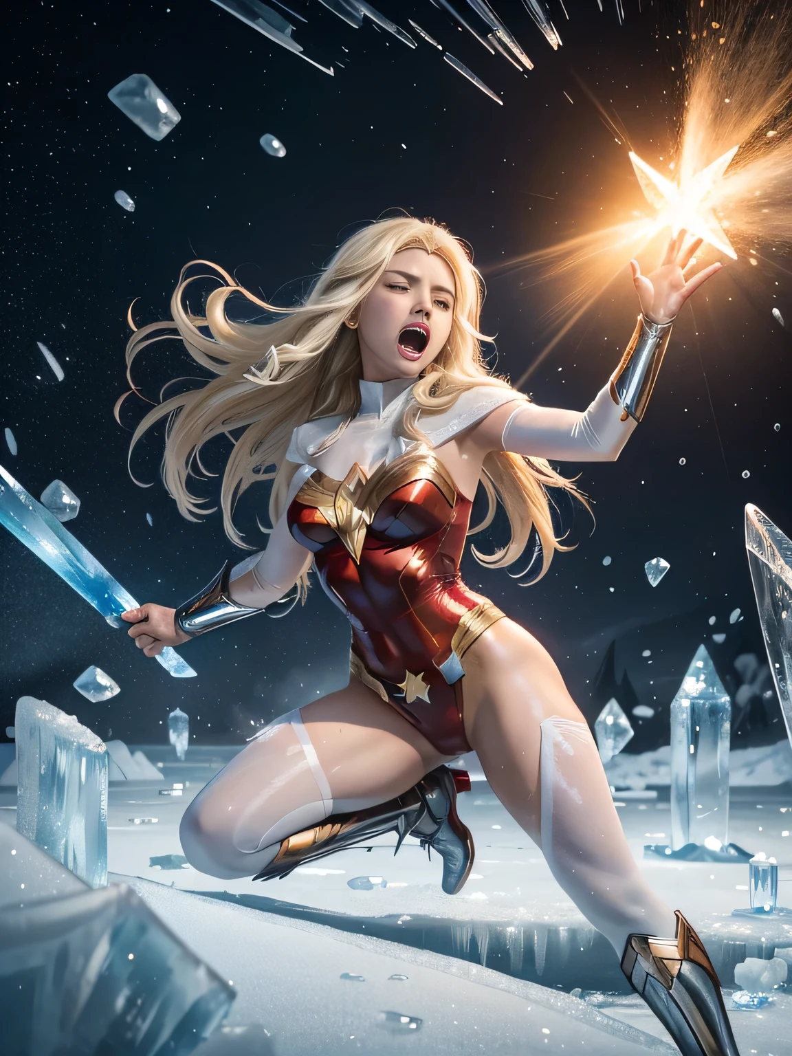 wonderwoman, long long gorgeous shining blonde hair, slender body, latex, leotard, red costume, enveloped cold storm, white cold air, (in frying many ice bullets), trapped in ice, (she is frozen in ice), ice cube is covering her, body frozen, limbs frozen, hair frozen, all over frozen, intense blizzard space distorted, cruelly, (painful), helpless, (screaming in pain), (screaming in ice prison), eyes closed, gritting teeth, suffering, (lying face up), spreading hands, lifting feet off the ground, being blow through the air, ((ice rain hiting her hard)), seen many ice explosion, explosion hitting her, in land of ice
