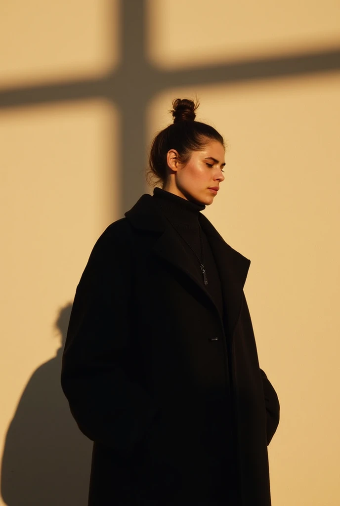 The image shows a person (man) standing, in an outdoor environment, wearing an oversized black jacket and a dark turtleneck sweater that covers part of her face. Her hair is gathered into a high bun, and the sun casts a long shadow behind it, highlighting the contrast between light and shadow. The background is a smooth beige wall, illuminated by sunlight that also bathes the subject, creating a warm and contrasting atmosphere.