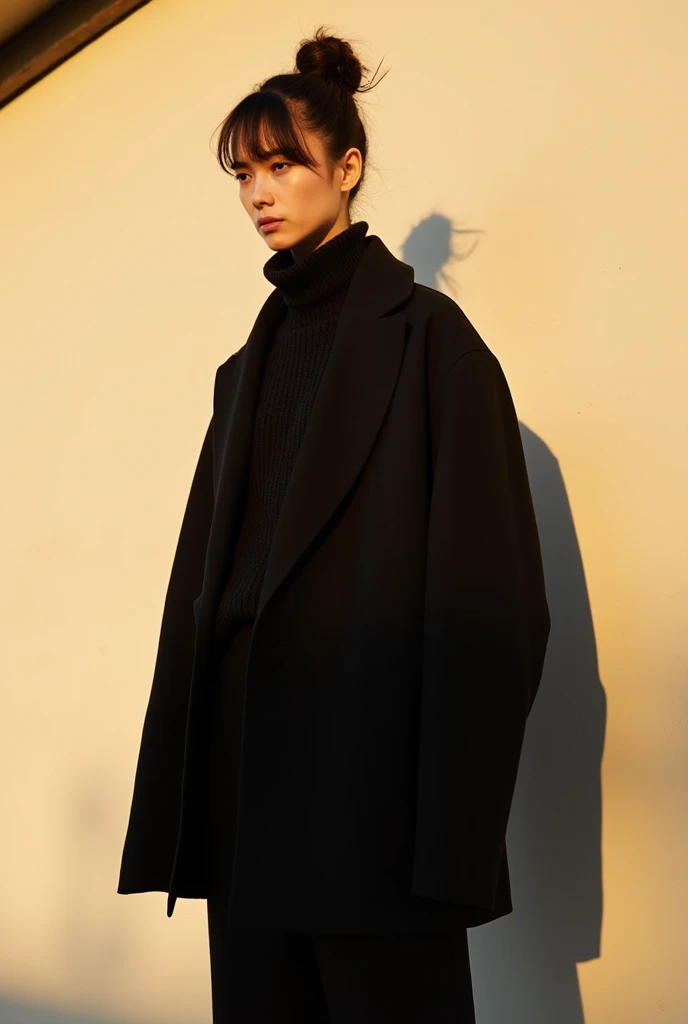 The image shows a person (man) standing, in an outdoor environment, wearing an oversized black jacket and a dark turtleneck sweater that covers part of her face. Her hair is gathered into a high bun, and the sun casts a long shadow behind it, highlighting the contrast between light and shadow. The background is a smooth beige wall, illuminated by sunlight that also bathes the subject, creating a warm and contrasting atmosphere.