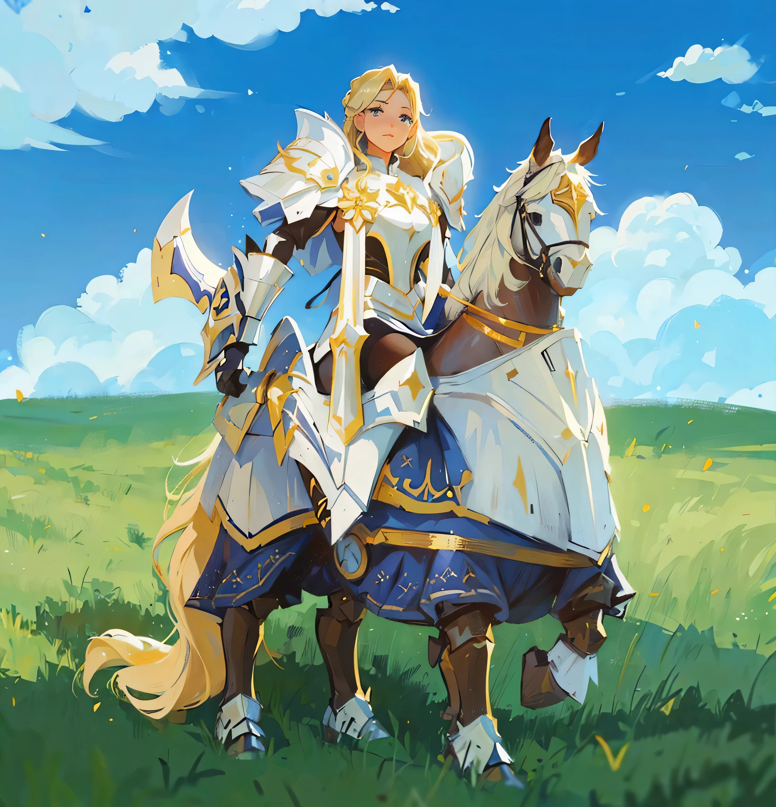 ((Best Quality, 8K, Masterpiece: 1.3)), best quality, ultra high res, anime, a woman in a white dress riding a horse, heavy white and golden armor, a human male paladin, wearing shining armor, dressed in light armor, casimir art, intricate white and gold armor, gold paladin, holy paladin, male paladin, picture of female paladin, female paladin, full portrait of magical knight, paladin!