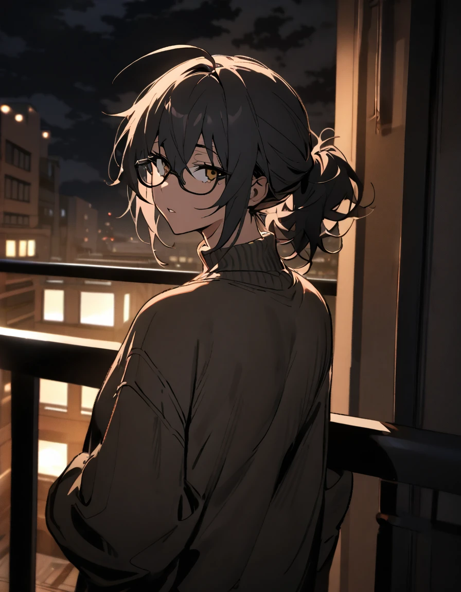 mature, golden eyes, looking at viewer, female, apartment background, messy hair, grey shoulder-length hair, ponytail, parted lips, hair between eyes, ahoge, emotionless, tired eyes, standing, from behind, jeans, turtleneck shirt, comfy clothes, glasses, night, cloudy, leaning on railing, black eye patch