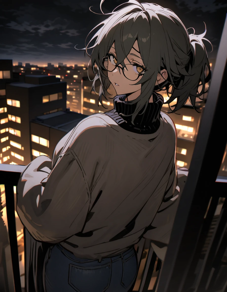 mature, golden eyes, looking at viewer, female, apartment background, messy hair, grey shoulder-length hair, ponytail, parted lips, hair between eyes, ahoge, emotionless, tired eyes, standing, from behind, jeans, turtleneck shirt, comfy clothes, glasses, night, cloudy, leaning on railing, black eye patch