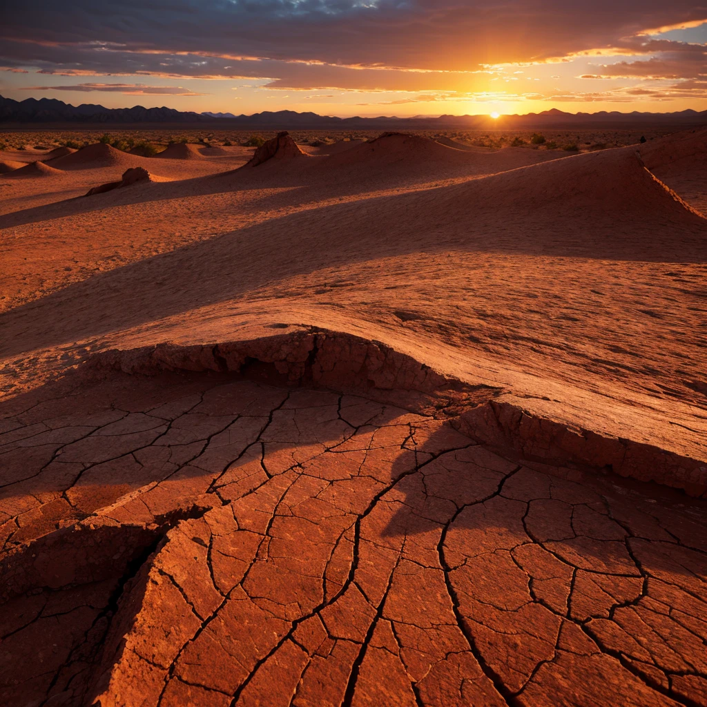Dramatic sunset over cracked earth. Desert landscape background.
