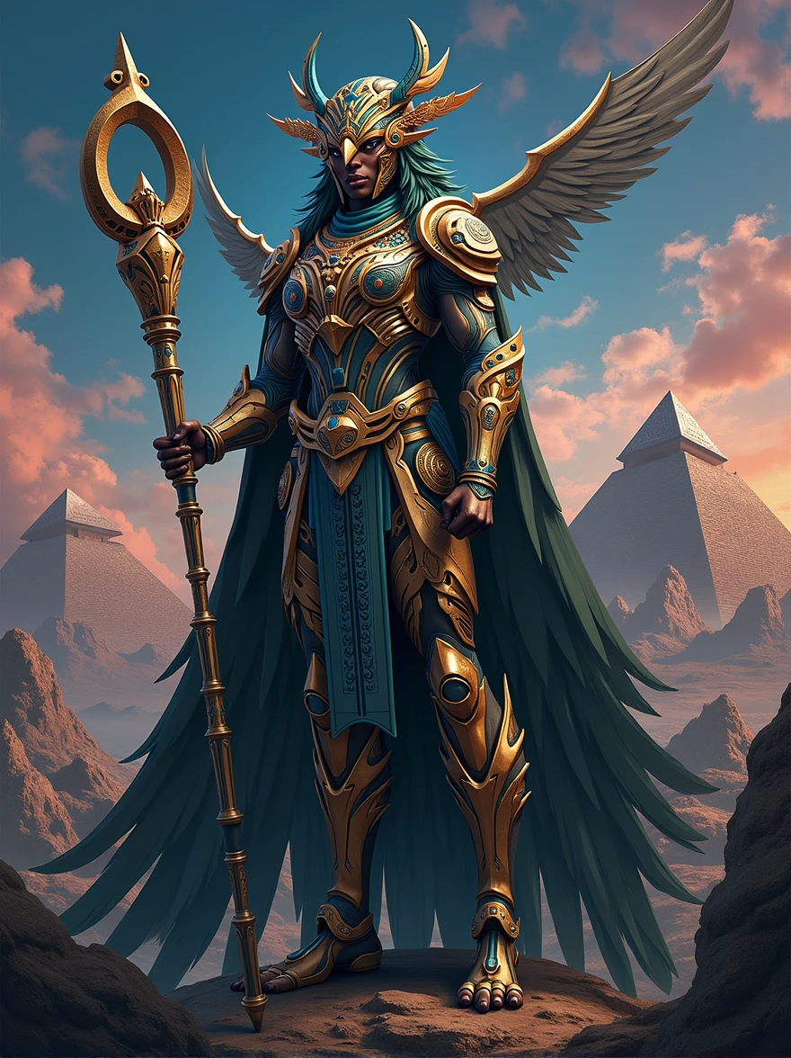 a poster should feature a majestic, human-avian bird, black African genetic features, deity standing holding a futuristic Ankh ☥ shape staff. He has an elaborate feathered wings and regal, high-tech, sci-fi, futuristic armor adorned with intricate patterns. The background should include a fantastical landscape with floating pyramids, vibrant skies, and distant mountains., symmetrical epic fantasy art, fantasy art behance, mystical atlantean valkyrie, tomasz alen kopera and cgsociety, epic fantasy sci fi illustration, artgerm julie bell beeple, official poster artwork, epic scifi fantasy art