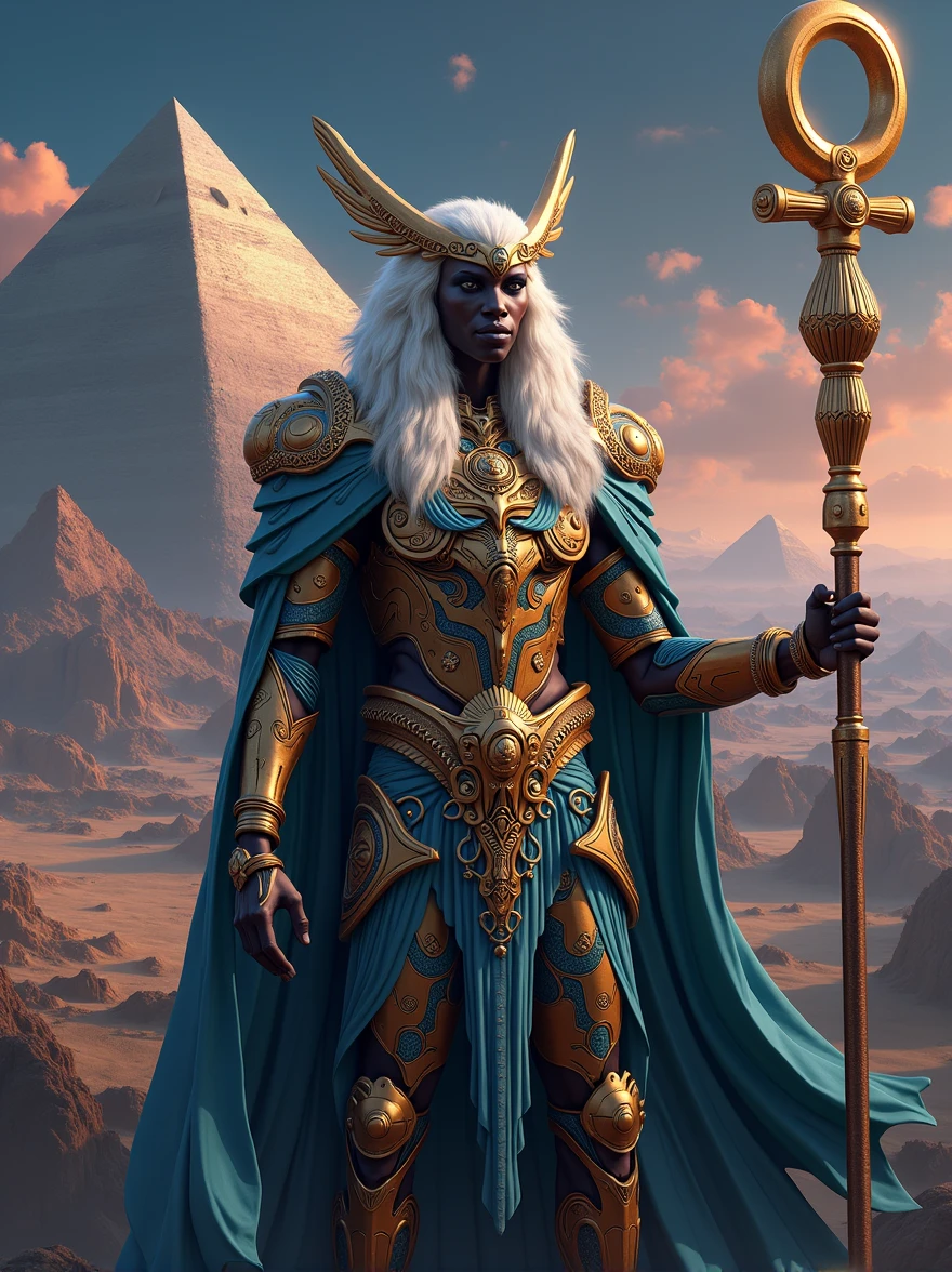 a poster should feature a majestic, human-avian bird, black African genetic features, deity standing holding a futuristic Ankh ☥ shape staff. He has an elaborate feathered wings and regal, high-tech, sci-fi, futuristic armor adorned with intricate patterns. The background should include a fantastical landscape with floating pyramids, vibrant skies, and distant mountains., symmetrical epic fantasy art, fantasy art behance, mystical atlantean valkyrie, tomasz alen kopera and cgsociety, epic fantasy sci fi illustration, artgerm julie bell beeple, official poster artwork, epic scifi fantasy art