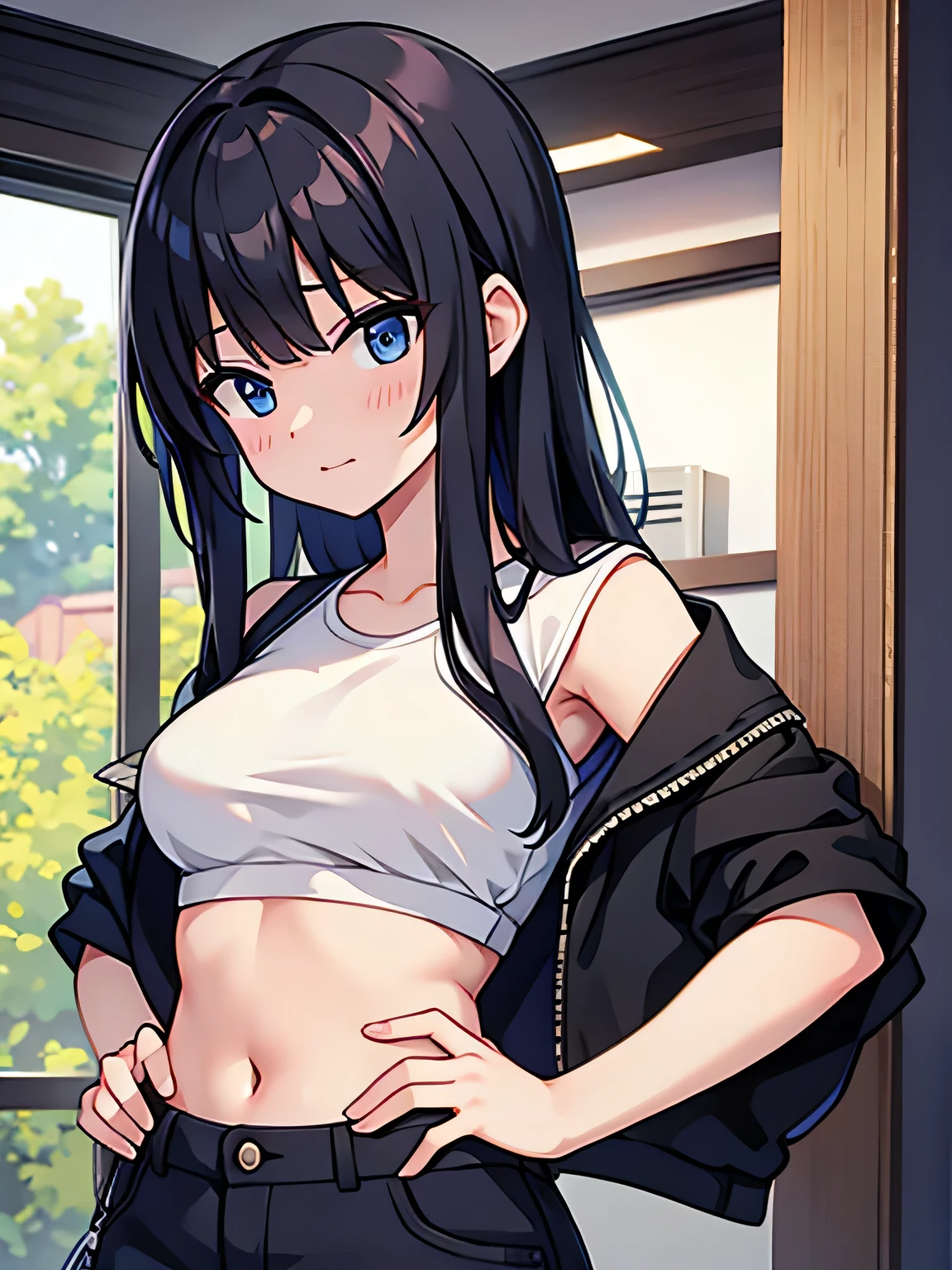 ((best quality)), ((masterpiece)), (detailed), (((perfect face))), ((slender 16yo teenage girl removing light blue zip hoodie)), (((wearing dark blue pleated skirt))), ((small medium breasts)), (((undressing))), ((brunette)), ((ponytail)), ((topless)), ((shock:1.3)), ((blushing:1.5)), ((skinny thighs)), ((skinny hips)), ((standing in suburban dining room)), ((wooden floor)), (((girl looking away))), (((holding hoodie open)))