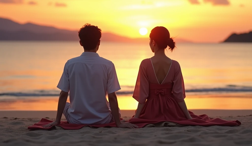 (best quality, masterpiece, ultra detailed), Back view of Japanese men and women sitting on the sandy beach in the evening