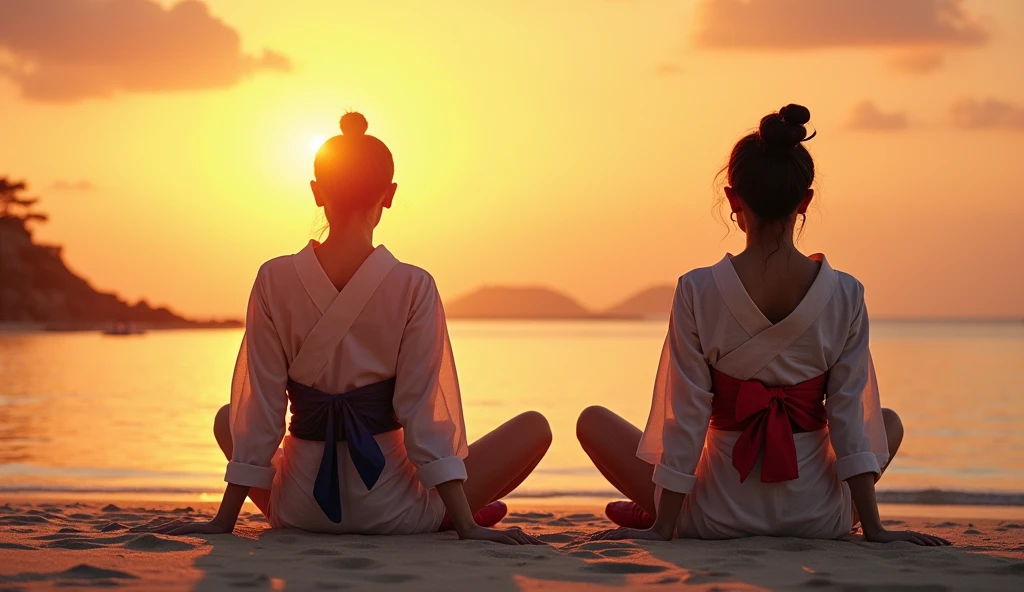 (best quality, masterpiece, ultra detailed), Back view of Japanese men and women sitting on the sandy beach in the evening