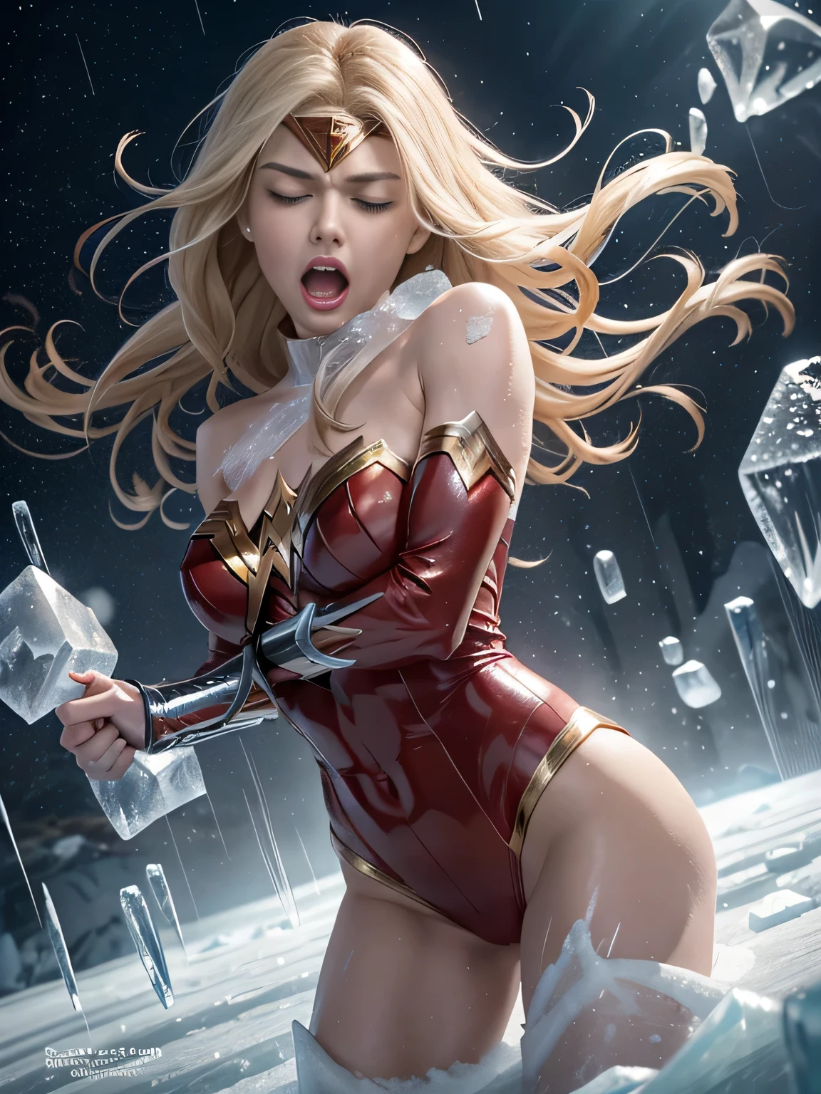 wonderwoman, long long gorgeous shining blonde hair, slender body, latex, leotard, red costume, enveloped cold storm, white cold air, (in frying many ice bullets), trapped in ice, (she is frozen in ice), ice cube is covering her, body frozen, limbs frozen, hair frozen, all over frozen, intense blizzard space distorted, cruelly, (painful), helpless, (screaming in pain), (screaming in ice prison), eyes closed, gritting teeth, suffering, (lying face up), spreading hands, lifting feet off the ground, being blow through the air, ((ice rain hiting her hard)), seen many ice explosion, explosion hitting her, in land of ice