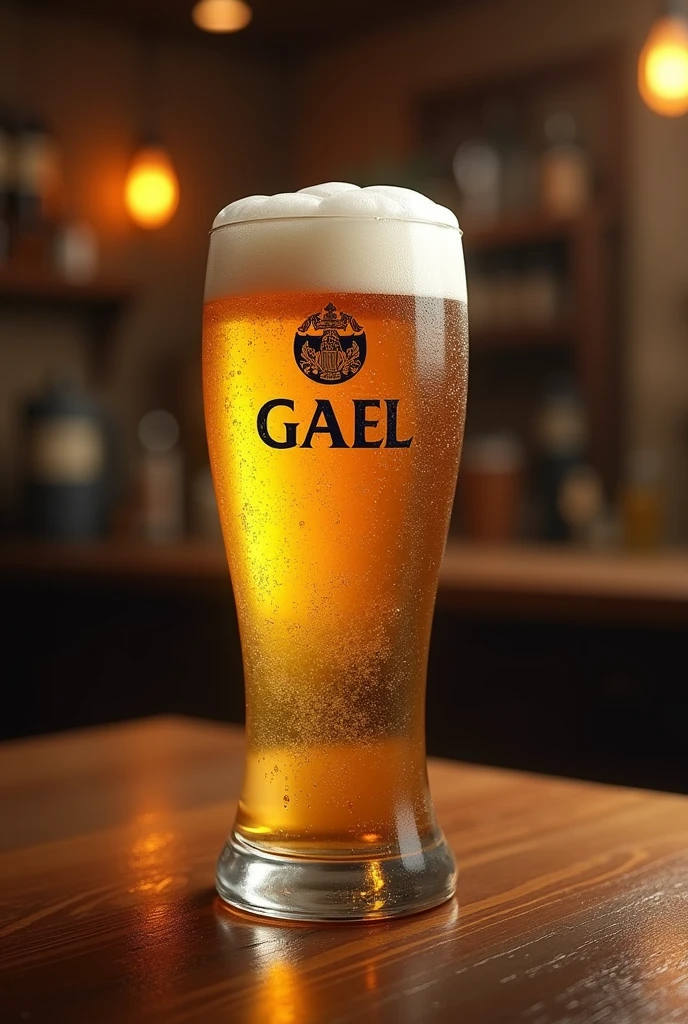 On a glass cup with beer have the word GAEL