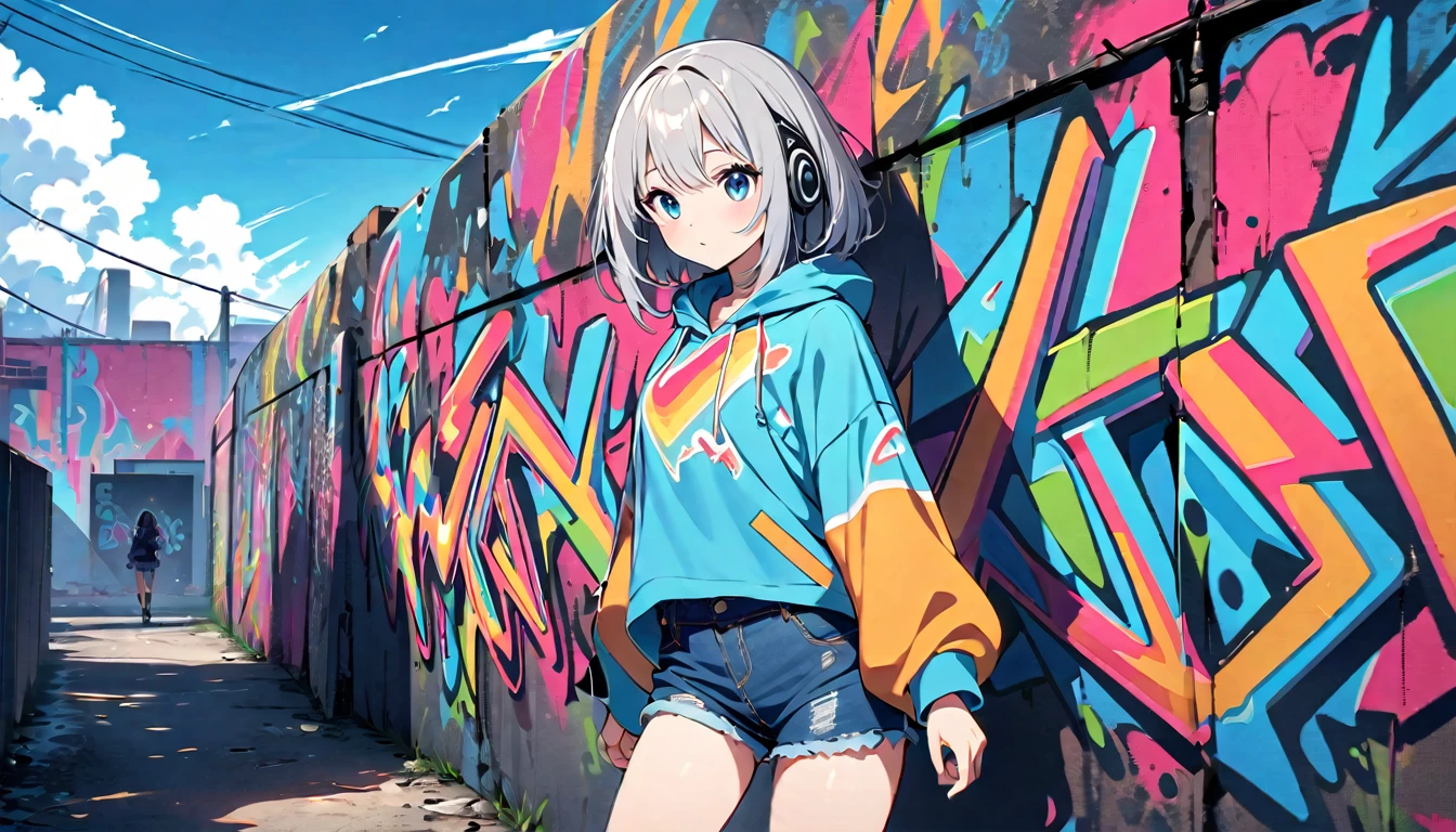 HD 8K Cute, , 1 female, Medium length hair, Gray Hair, Rainbow Art, blue eyes, Headphones, hoodie, colored hoodie, Denim shorts, human center, Outdoor, blue sky, White cloud, Graffiti wall,