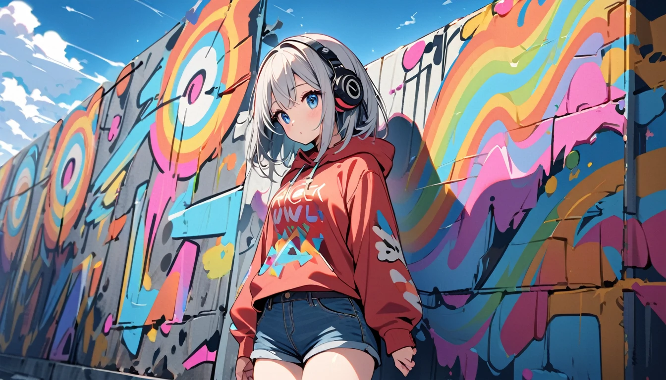 HD 8K Cute, Lonely, 1 female, Medium length hair, Gray Hair, Rainbow Art, blue eyes, Headphones, hoodie, colored hoodie, Denim shorts, human center, Outdoor, blue sky, White cloud, Graffiti wall,