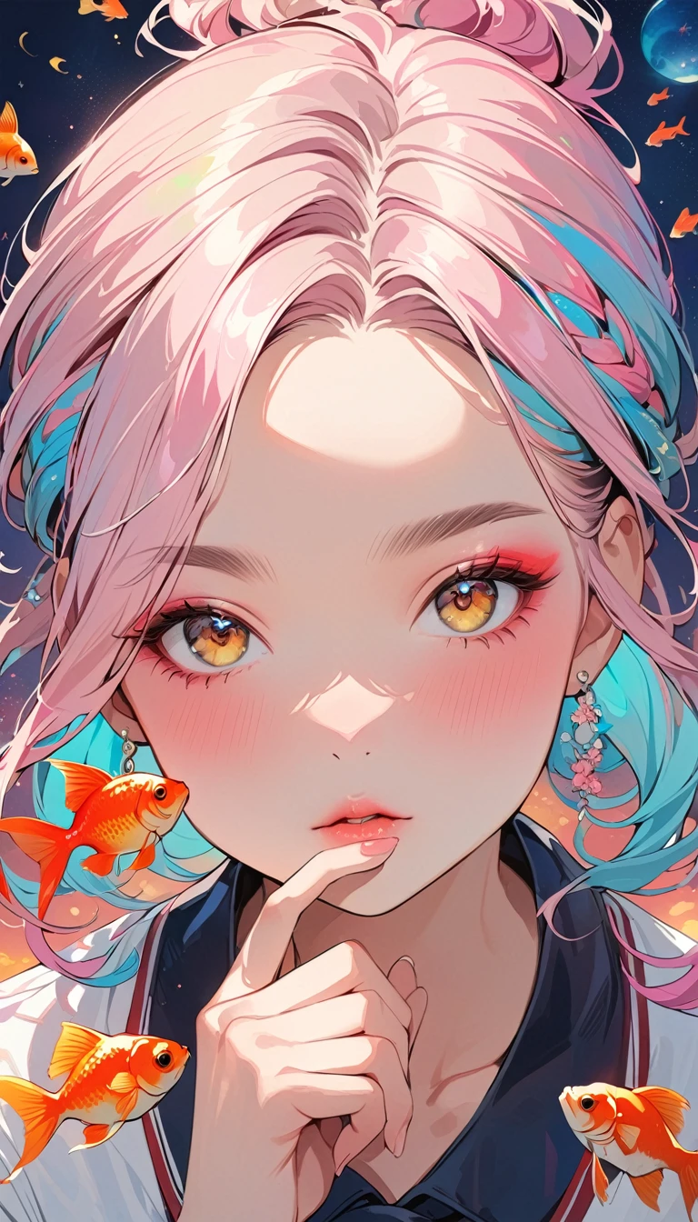 (masterpiece, Highest quality:1.4), 1 girl, 20-year-old women, solo, Anime Style, Upper Body, Photographed from the front, look up, Colorful clothing, Blurred vision, A face thinking about something, Hand on chin pose, Perfect Fingers, Pink lower lip, Japanese school girl makeup, Neon Hair, Asymmetrical bob hairstyles, Long bangs on one side, Color Highlights, A lot of goldfish, Colorful goldfish, The ratio of people to background is 1:1, Magnificent cosmic background.