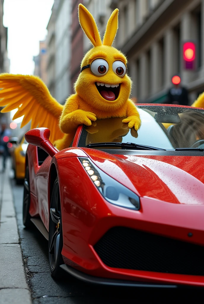 Winged Minion on a Ferrari in the city