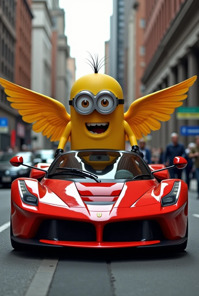 Winged Minion on a Ferrari in the city