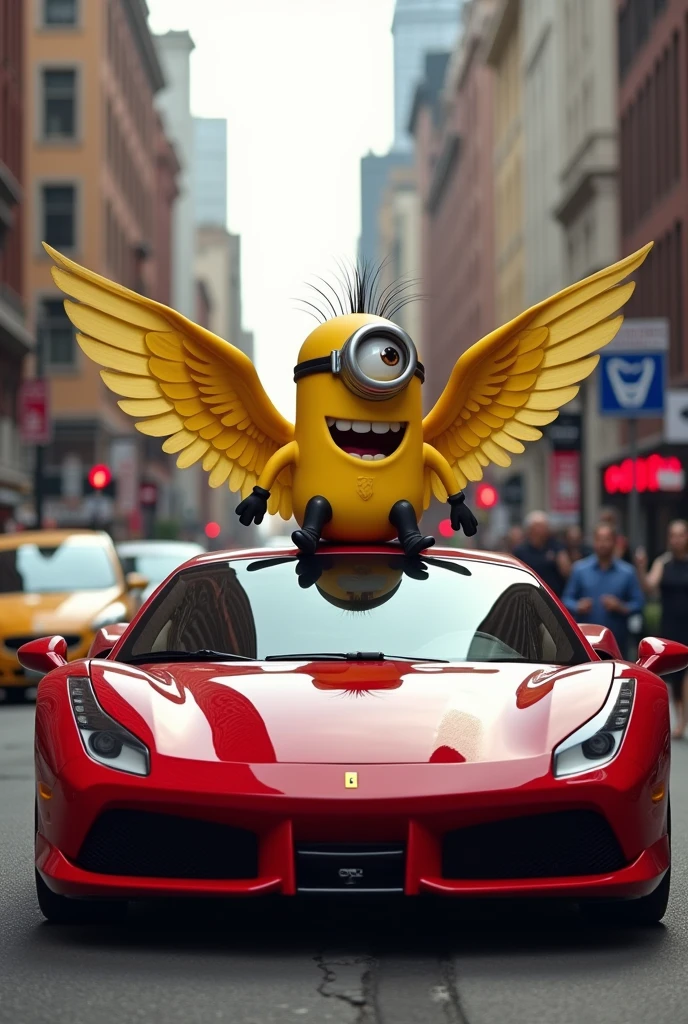 Winged Minion on a Ferrari in the city