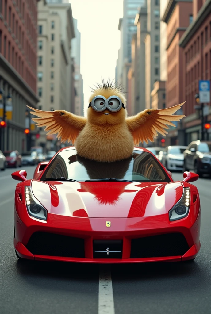Winged Minion on a Ferrari in the city 