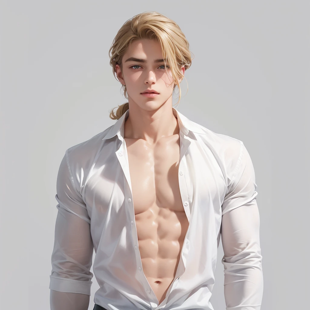 Soothing tones,Soft colors,A 23-year-old European and American model,(Shut up:1.5),(Hair sticking to scalp:1.5),Golden brown slightly curly shoulder-length hair,Ponytail hairstyle,Middle parting hairstyle,Edward Furlan,blond,With a melancholy expression,Blonde curly hair,male,White background,High Detail,male焦点,Abdominal muscles,Chest muscles,White shirt,Looking at the audience,