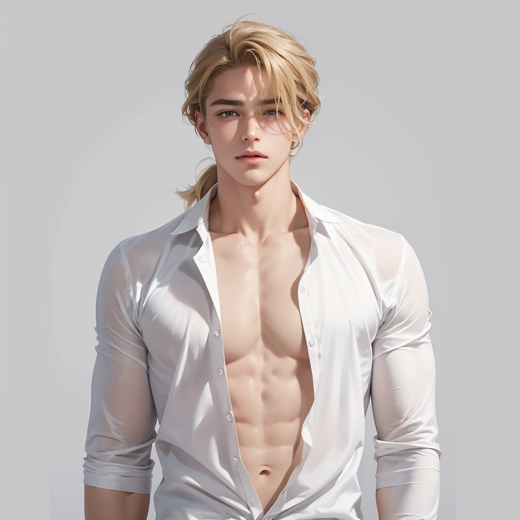 Soothing tones,Soft colors，A 23-year-old European and American model，（Shut up：1.5），（Hair sticking to scalp：1.5），Golden brown slightly curly shoulder-length hair，Ponytail hairstyle，Middle parting hairstyle，Edward Furlan，blond，With a melancholy expression，Blonde curly hair，male，White background，High Detail，male焦点，Abdominal muscles，Chest muscles，White shirt，Looking at the audience，