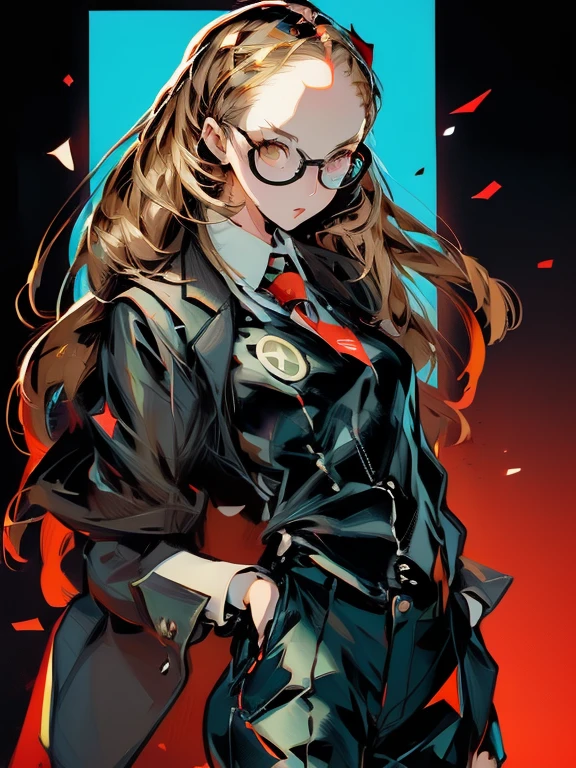 ((chibi)), big head, focus face, in the art style of persona5, (masterpiece:1.2, highest quality), (Realistic, photoRealistic:1.4), Beautiful illustrations, (Natural Side Lighting, Cinema Lighting), Written boundary depth, Beautiful thighs staring at the viewer, 1 female, 20-year-old, alone, thin, slender, (small breasts), long Hair, straight Hair, Forehead, Forehead, Forehead, Forehead, thin, slender, glasses, ((Skinny black pants, collared shirt, necktie)), Are standing, (((glasses)))