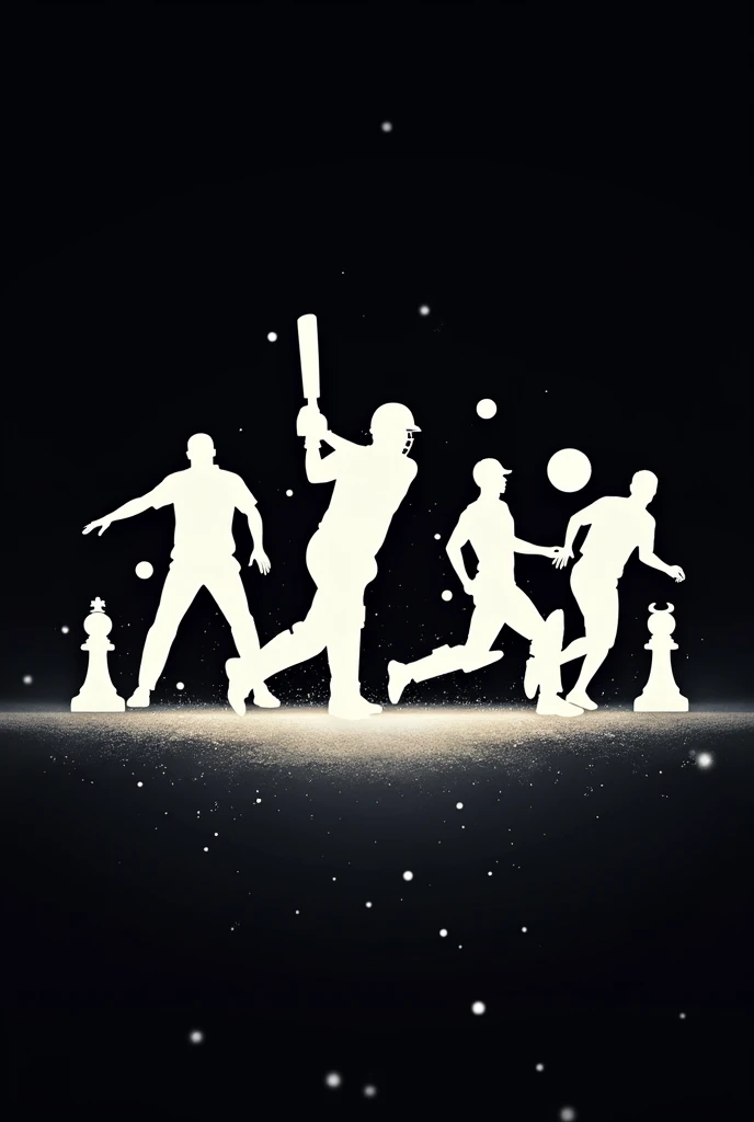 Create a wallpaper in black theme, containing cricket, football, basketball, swimming and chess