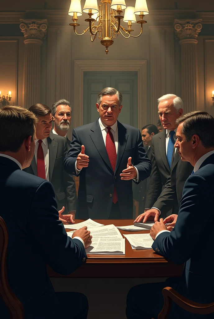 Em uma noite chuvosa na cidade de Nova York, A group of well-dressed men gathered in a luxurious conference room atop a skyscraper. The room was lit only by the dim light of the light fixtures, creating an atmosphere of mystery and intrigue. They were the members of a powerful secret organization known as "The Guardians of Truth".

No centro da sala, uma longa mesa de mogno estava coberta de documentos confidenciais e mapas detalhados. Os homens de terno, with serious faces and determined expressions, they were about to make a decision that would affect the fate of millions of people.

No topo da mesa, um homem de meia-idade chamado Daniel, Dressed in a flawless suit and stylish glasses, apresentava a proposta. It was an ambitious plan to influence international politics, ensuring that power remained in the hands of the organization. He argued that this was necessary to protect the secrets that kept the world in balance.

Contudo, as Daniel detailed his plan, murmurs of discontent arose among some of those present. Um homem idoso chamado William, com cabelos prateados e olhos penetrantes, levantou-se.

"That's absurd!", ele exclamou. "Estamos indo longe demais. Manipulating international politics is not our role. We should be focused on keeping the secrets we protect, not in controlling entire nations!"

Other members began to express their disagreement. Uma mulher chamada Sarah, uma especialista em tecnologia, argued that Daniel's proposal would violate the organization's ethics. She was worried about the unpredictable consequences that could arise from this plan.

Daniel, ainda confiante em sua proposta, He tried to convince the dissidents that it was necessary to take drastic measures to protect their secrets. But the divide in the room was deepening, e o debate se tornou acalorado.

No final, A vote was called, e a proposta de Daniel foi rejeitada por uma estreita margem.