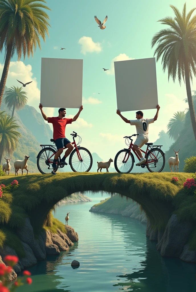 Lionel Messi and Cristiano Ronaldo riding bikes in a paradise full of goats, waters, etc. but it is noticeable that it is them but Ronaldo with the Real Madrid shirt but the water is a river and they are crossing a river and the goats in the field from afar are seen with birds etc. but it is seen how they have a save in one hand and in the other they are putting a sign on the road as if for advertising but they look in front of them but the sign is something big and has nothing written on it and they are on a bridge