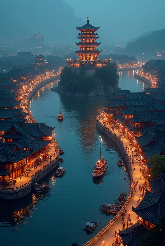 busy asian shops japanese chinese style with a winding river canal like venice curved in s shape, in the middle focal point big rounded pagoda in an island surrounded by the river epic scale,background is castle, night time, aerial shot, boats selling things