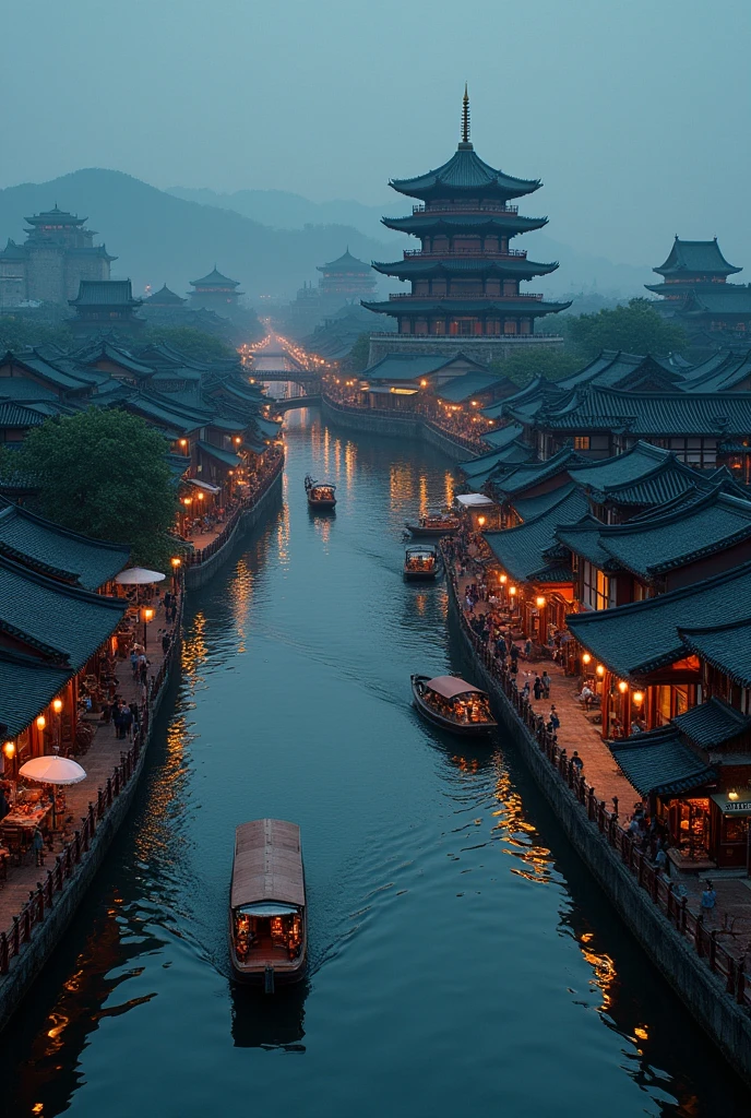 busy asian shops japanese chinese style with a winding river canal like venice curved in s shape, in the middle focal point big rounded pagoda in an island surrounded by the river epic scale,background is castle, night time, aerial shot, boats selling things