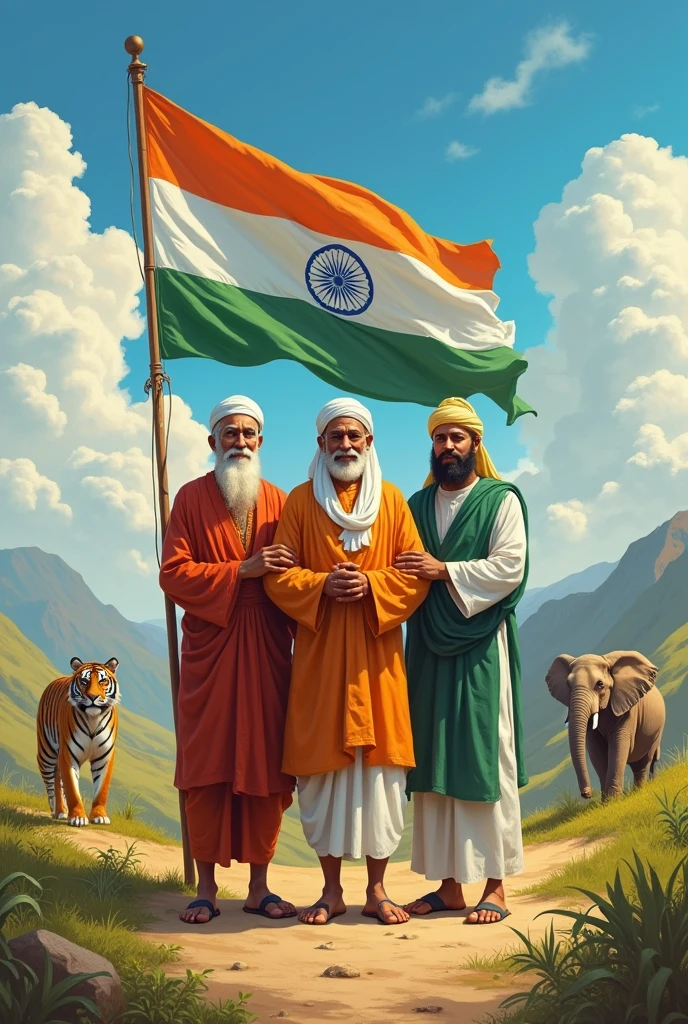 Create an image of a Hindu,Christian and Muslim standing together with an Indian flag in the background animal type pic